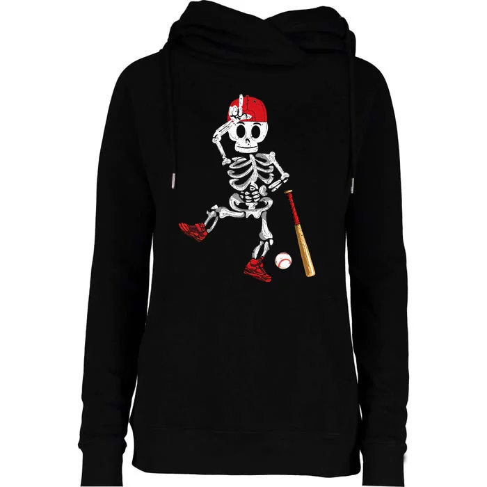 Baseball Skeleton Halloween Funny Skeleton Baseball Playing Womens Funnel Neck Pullover Hood