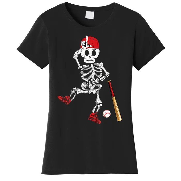 Baseball Skeleton Halloween Funny Skeleton Baseball Playing Women's T-Shirt