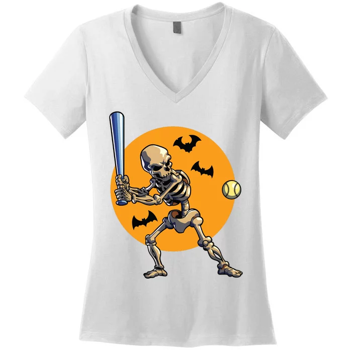 Baseball Skeleton Halloween Boy Baseball Halloween Women's V-Neck T-Shirt