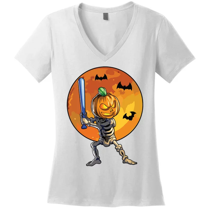 Baseball Skeleton Halloween Boy Baseball Halloween Women's V-Neck T-Shirt