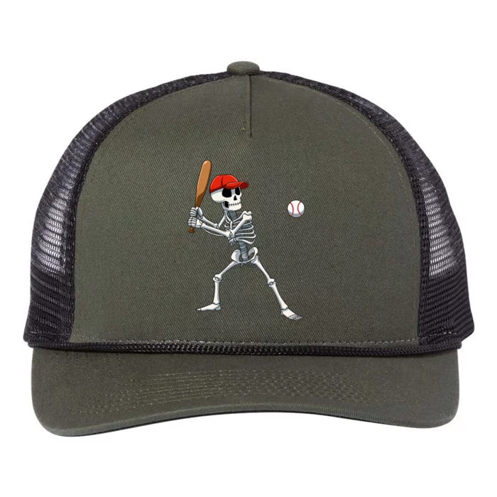 Baseball Skeleton Halloween Skeleton Playing Baseball Retro Rope Trucker Hat Cap