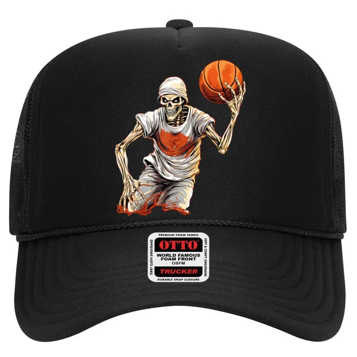 Basketball Skeleton Halloween ArtDunking Skeleton High Crown Mesh Trucker Hat