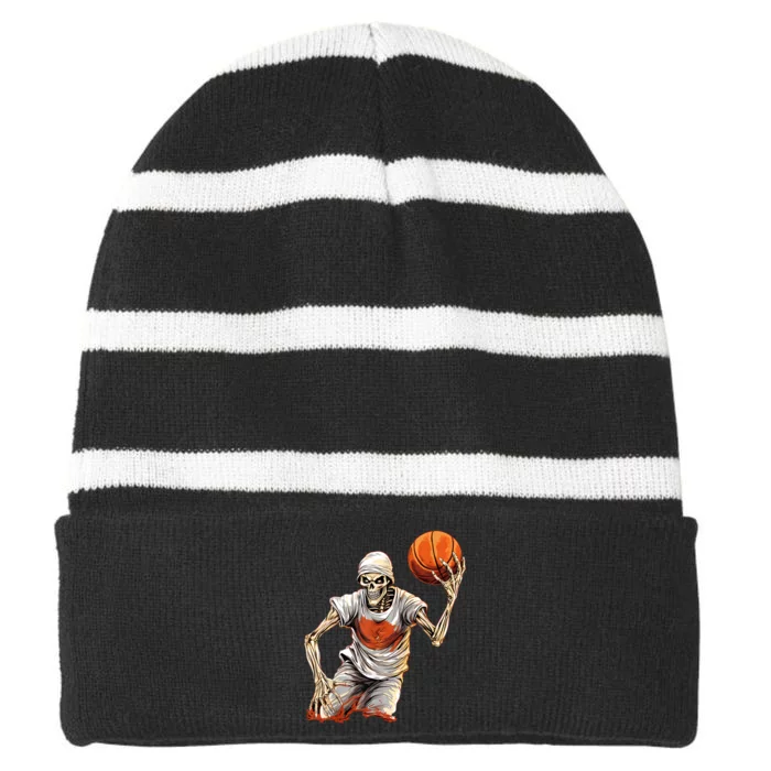 Basketball Skeleton Halloween ArtDunking Skeleton Striped Beanie with Solid Band