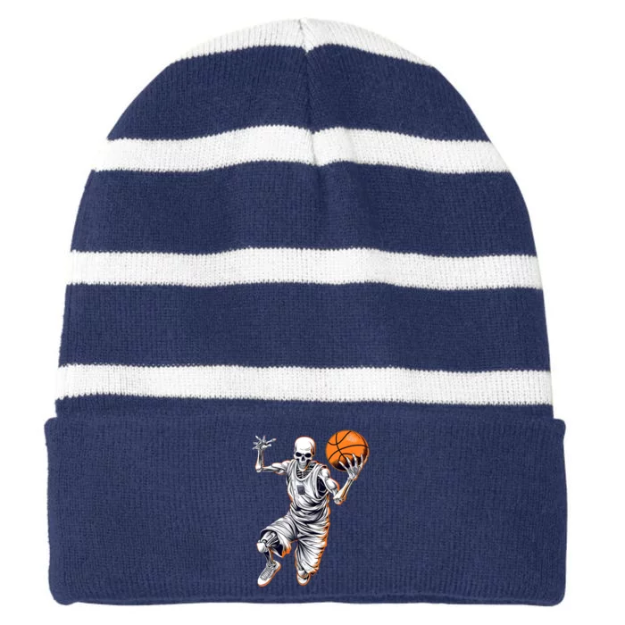 Basketball Skeleton Halloween ArtDunking Skeleton Striped Beanie with Solid Band