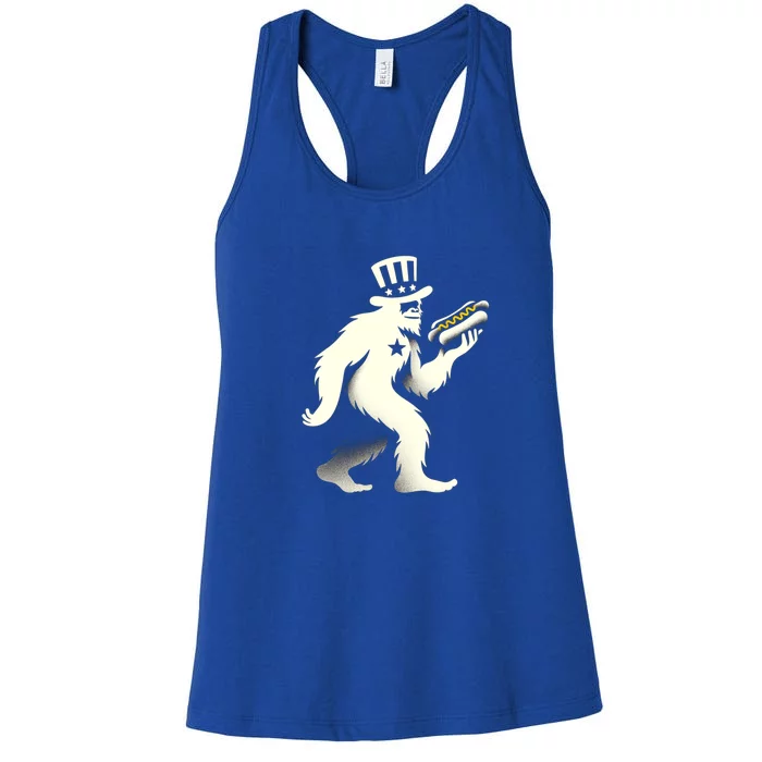 Bigfoot Sasquatch Holding Hotdog 4th Of July Gift Women's Racerback Tank