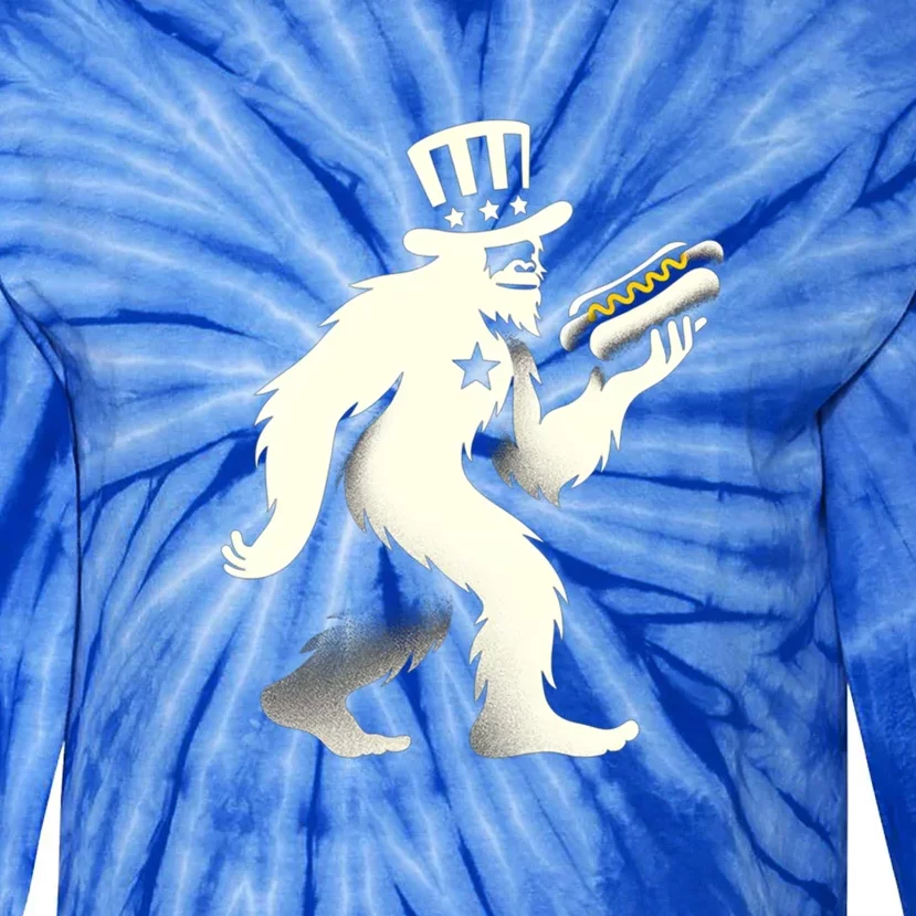 Bigfoot Sasquatch Holding Hotdog 4th Of July Gift Tie-Dye Long Sleeve Shirt