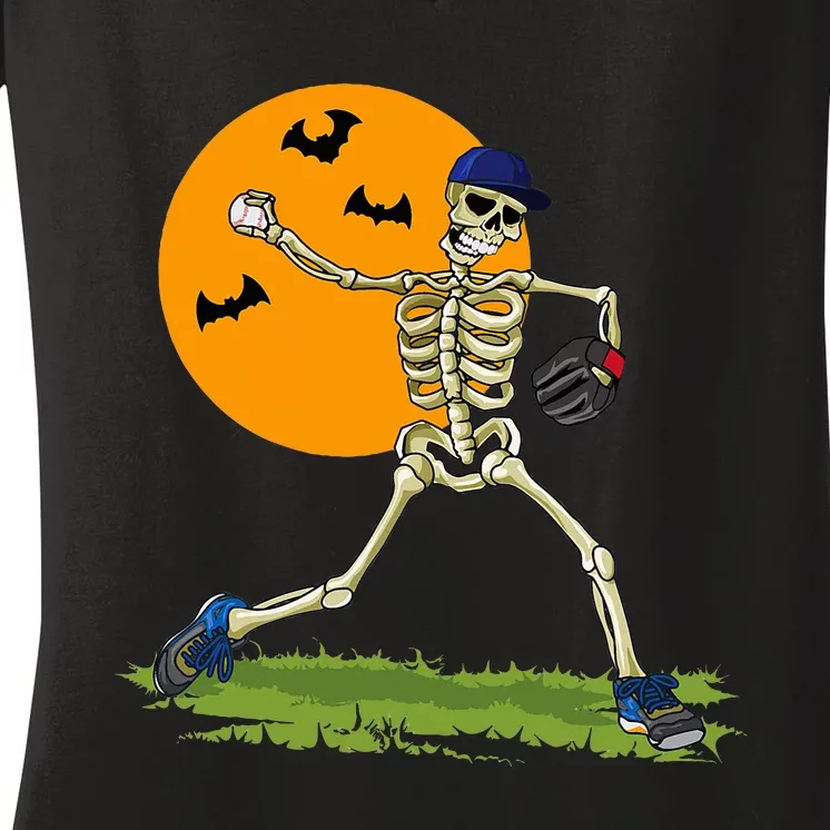 Baseball Skeleton Halloween Baseball Women's V-Neck T-Shirt