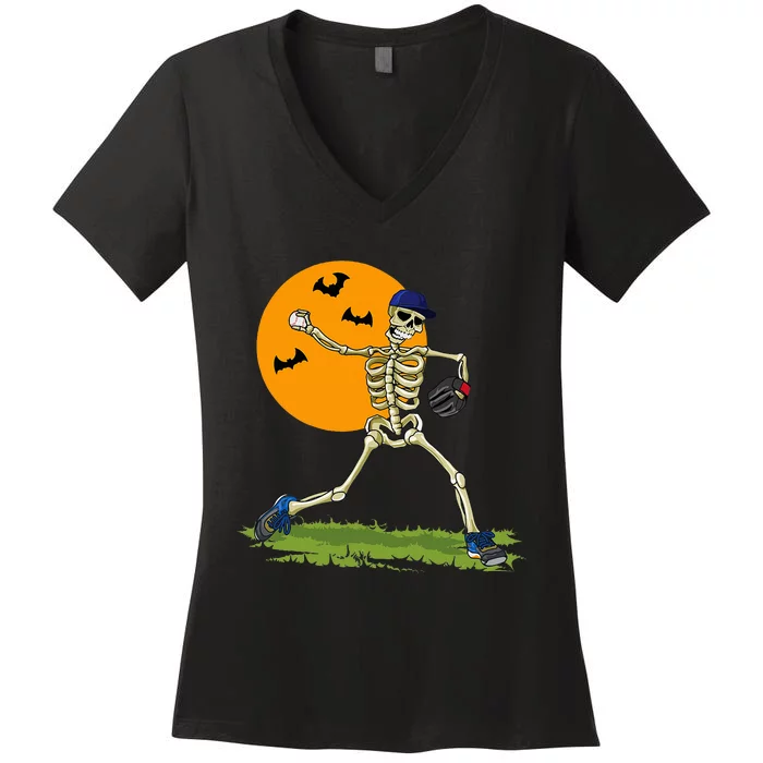 Baseball Skeleton Halloween Baseball Women's V-Neck T-Shirt