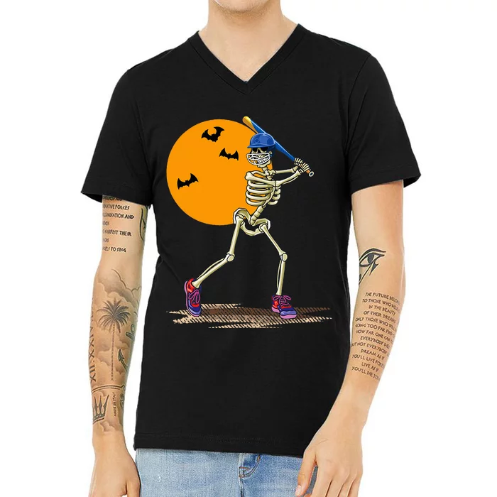 Baseball Skeleton Halloween Baseball V-Neck T-Shirt