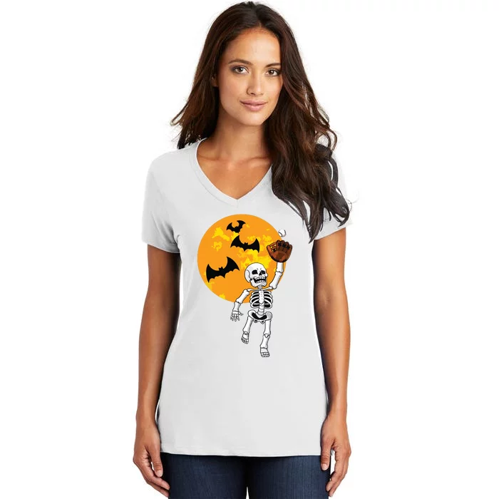 Baseball Skeleton Halloween Boy Baseball Halloween Women's V-Neck T-Shirt