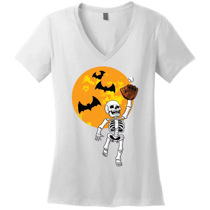 Baseball Skeleton Halloween Boy Baseball Halloween Women's V-Neck T-Shirt