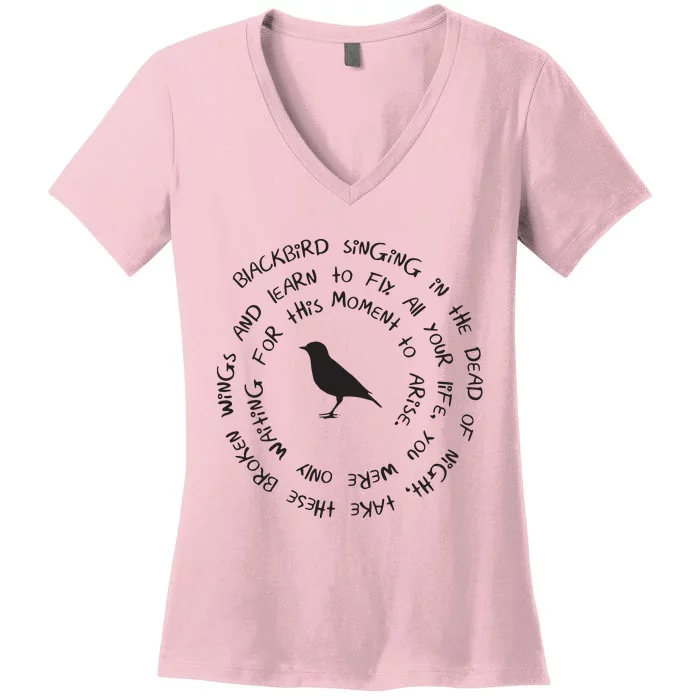 Blackbird Singing In The Dead Of Night Bird Lyrics Women's V-Neck T-Shirt