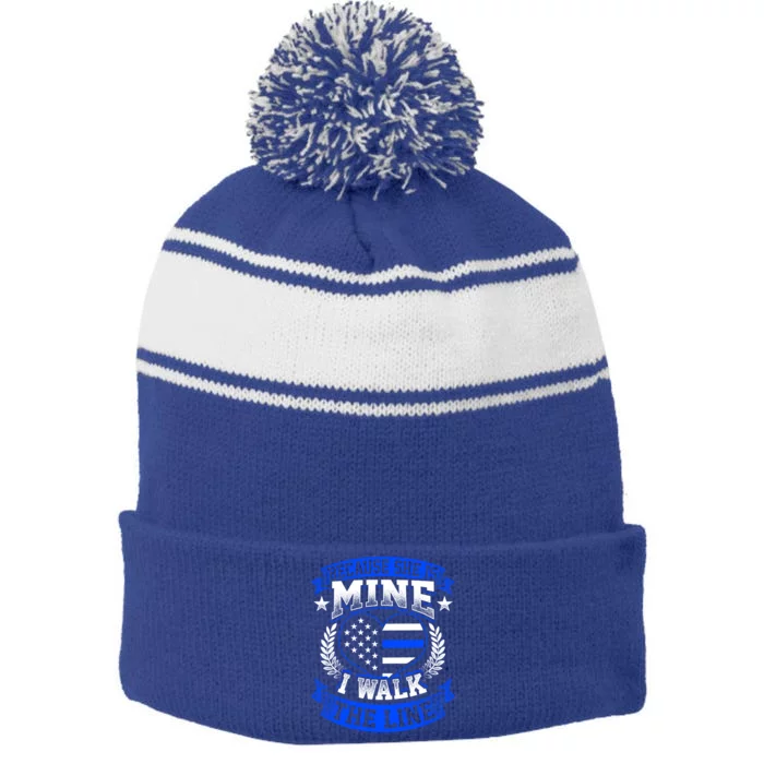 Because She Is Mine I Walk The Line Patriotic Police Officer Gift Stripe Pom Pom Beanie