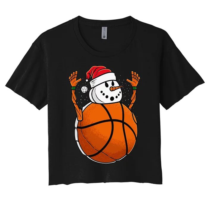 Basketball Snowman Love Winter Christmas Santa Hat Lover Women's Crop Top Tee