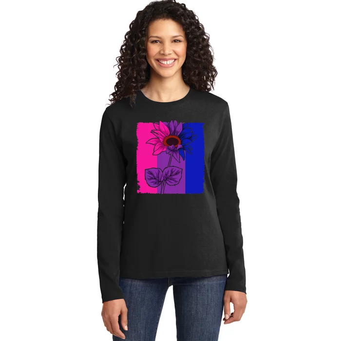 Bisexual Sunflower LGBTQ Cute Animal Subtle Bi Pride Flag Ladies Long Sleeve Shirt