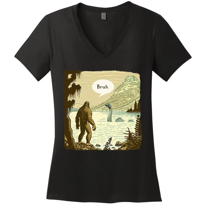 Bigfoot Sasquatch Loch Ness Monster Introvert Bruh Women's V-Neck T-Shirt