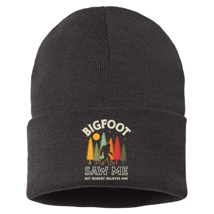 Bigfoot Saw Me But Nobody Believes Him Funny Sasquatch Retro Sustainable Knit Beanie