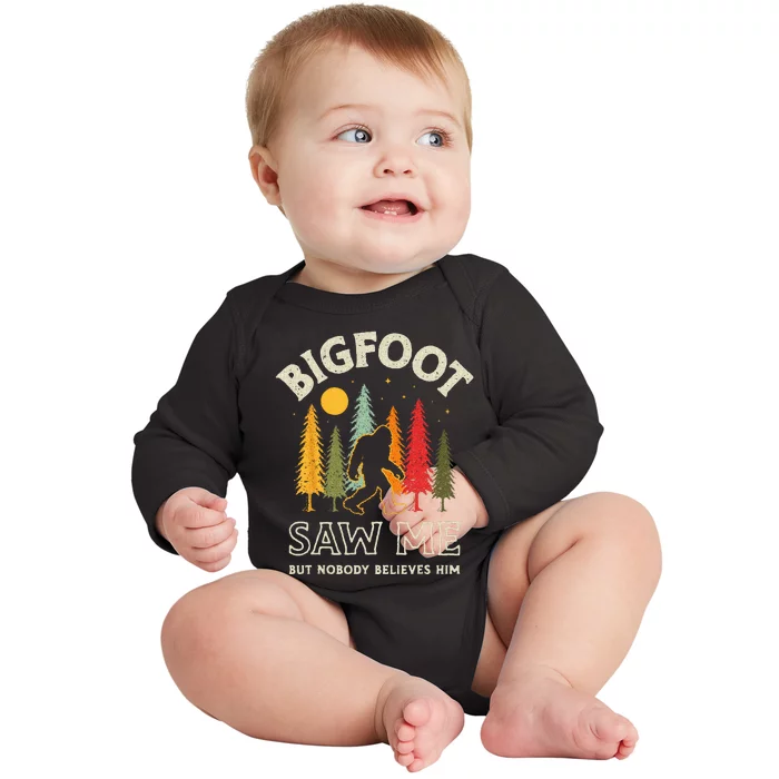 Bigfoot Saw Me But Nobody Believes Him Funny Sasquatch Retro Baby Long Sleeve Bodysuit