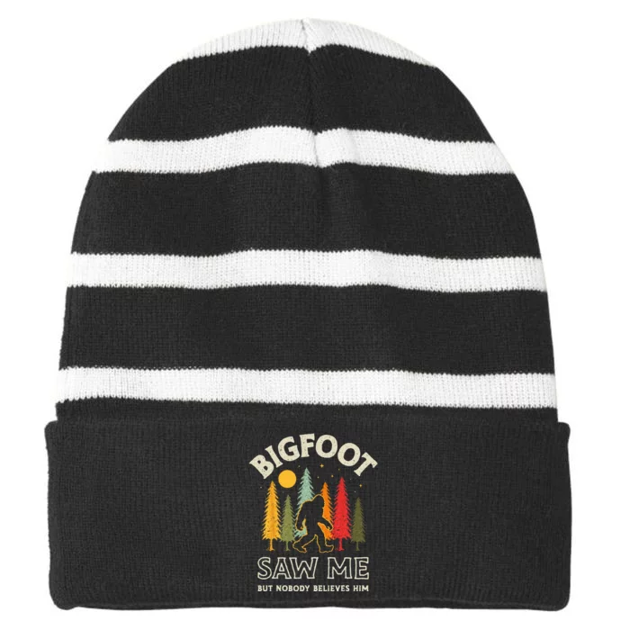 Bigfoot Saw Me But Nobody Believes Him Funny Sasquatch Retro Striped Beanie with Solid Band