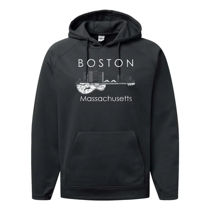 Boston Souvenir Massachusetts Skyline Music Guitar Performance Fleece Hoodie