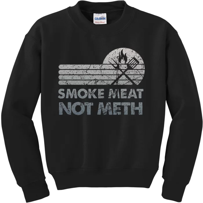 Bbq Smoke Meat Not Meth Brisket Ribs Grey Vintage Distressed Kids Sweatshirt