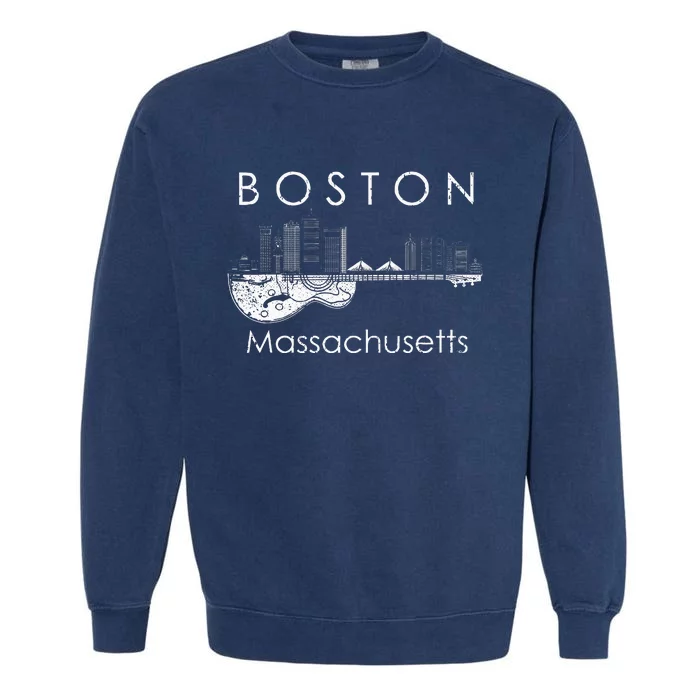 Boston Souvenir Men Massachusetts Skyline Music Guitar Garment-Dyed Sweatshirt