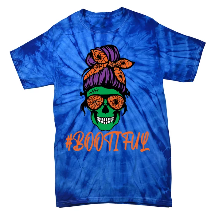 BooTiful Skull Mama Messy Bun For Halloween Messy Bun Mom Gift Tie-Dye T-Shirt