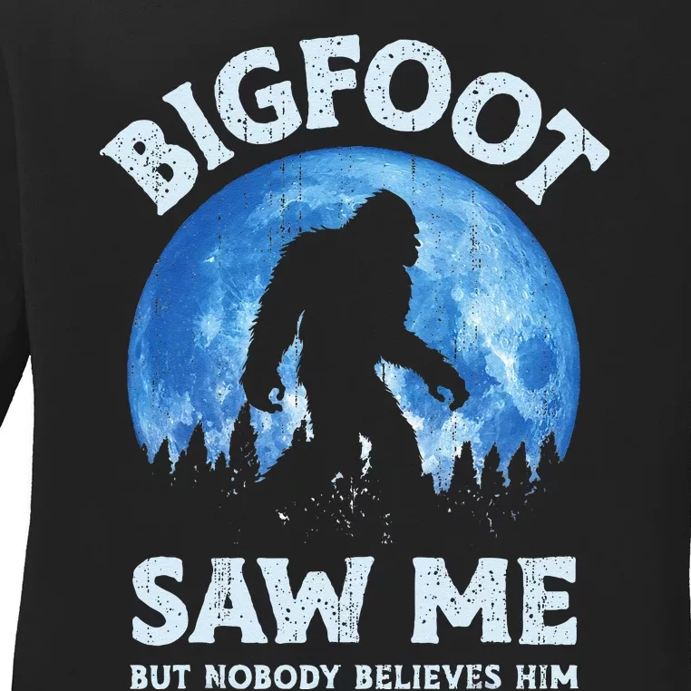 Bigfoot Saw Me But Nobody Believes Him Funny Sasquatch Retro Ladies Long Sleeve Shirt