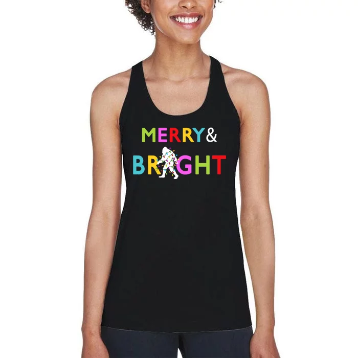 Bigfoot Sasquatch Merry And Bright Christmas Lights Gift Women's Racerback Tank