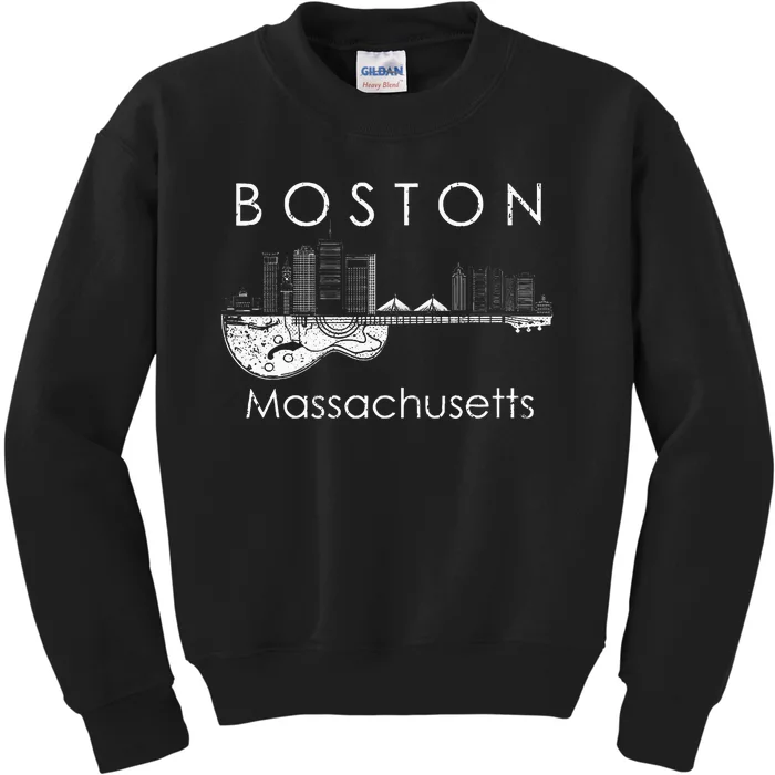 Boston Souvenir Massachusetts Skyline Music Guitar Kids Sweatshirt