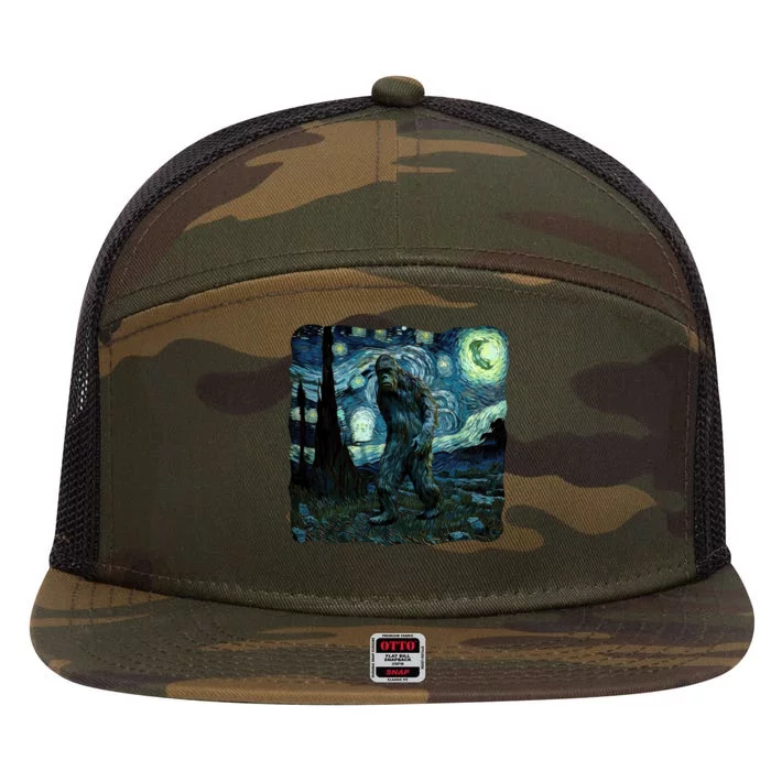 Bigfoot Starry Night Van Gogh Painting Sasquatch Art Gift 7 Panel Mesh Trucker Snapback Hat