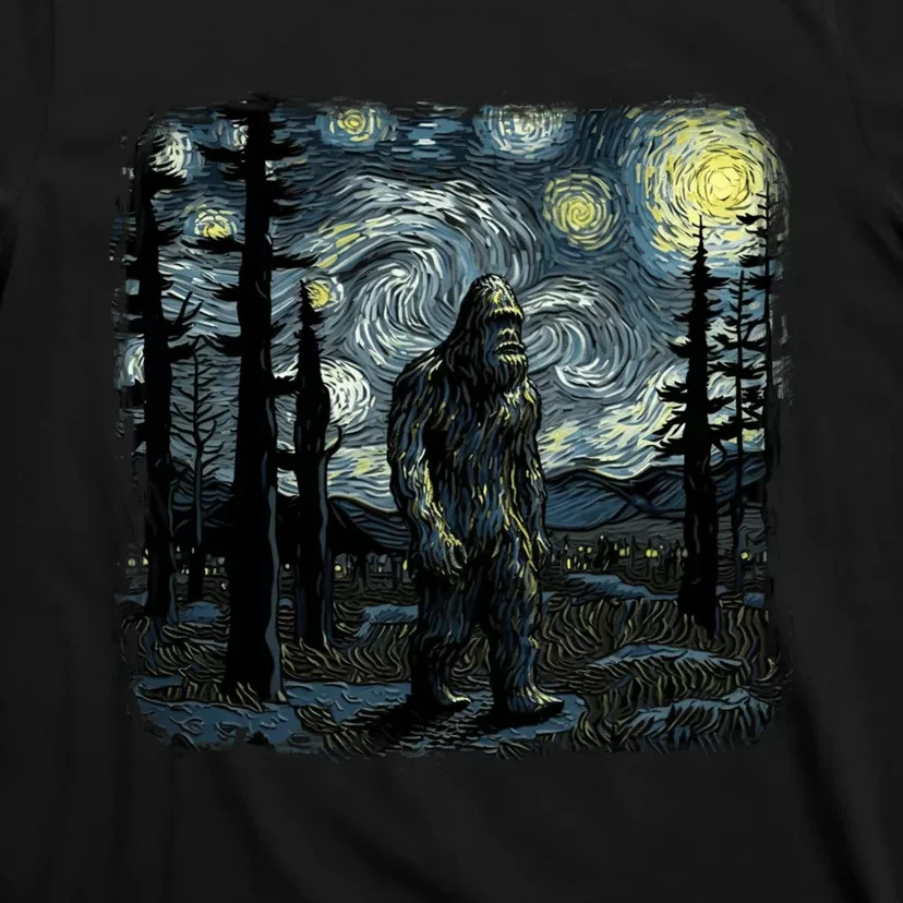 Bigfoot Starry Night Sasquatch Van Gogh Sky Painting Art T-Shirt