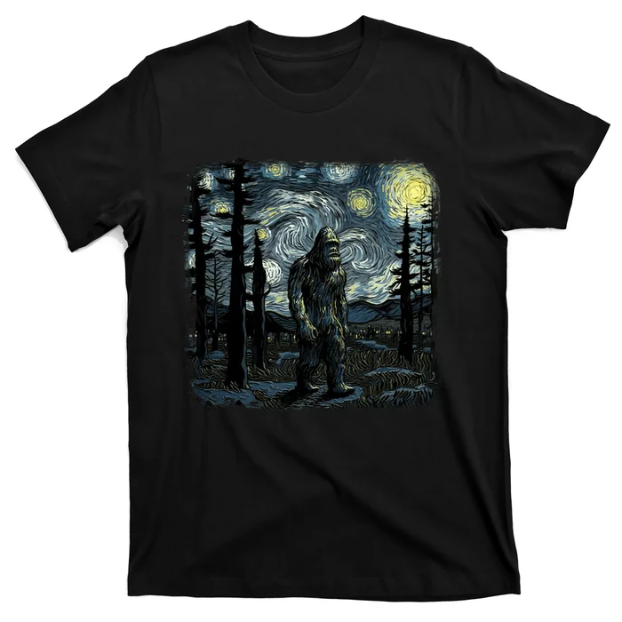 Bigfoot Starry Night Sasquatch Van Gogh Sky Painting Art T-Shirt