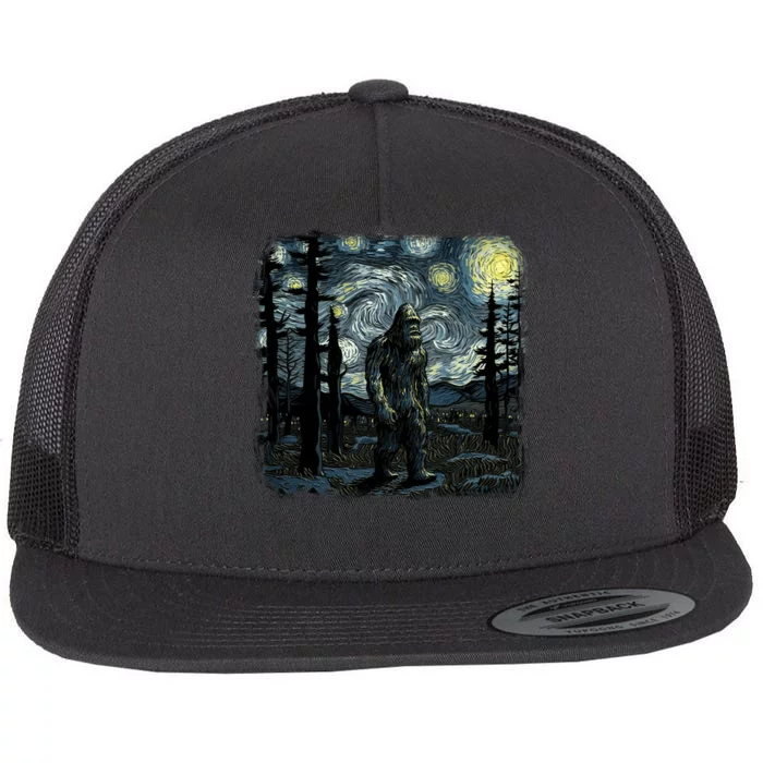 Bigfoot Starry Night Sasquatch Van Gogh Sky Painting Art Flat Bill Trucker Hat