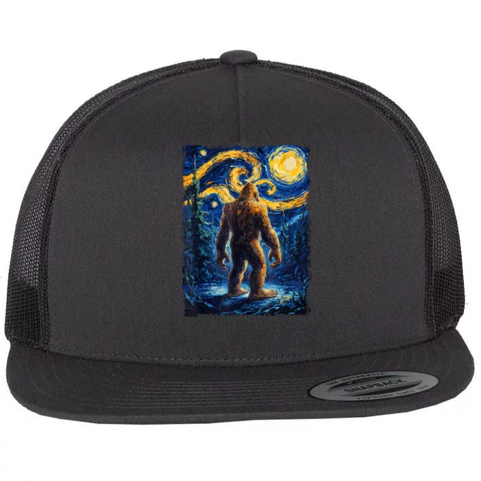 Bigfoot Starry Night Sasquatch Van Gogh Painting Flat Bill Trucker Hat