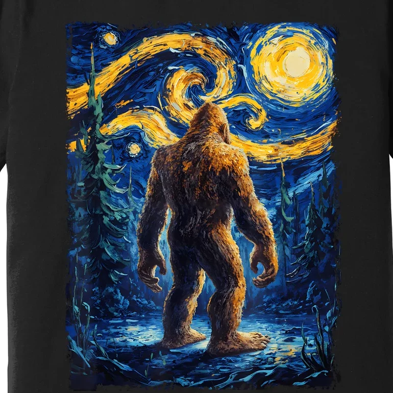 Bigfoot Starry Night Sasquatch Van Gogh Painting Premium T-Shirt