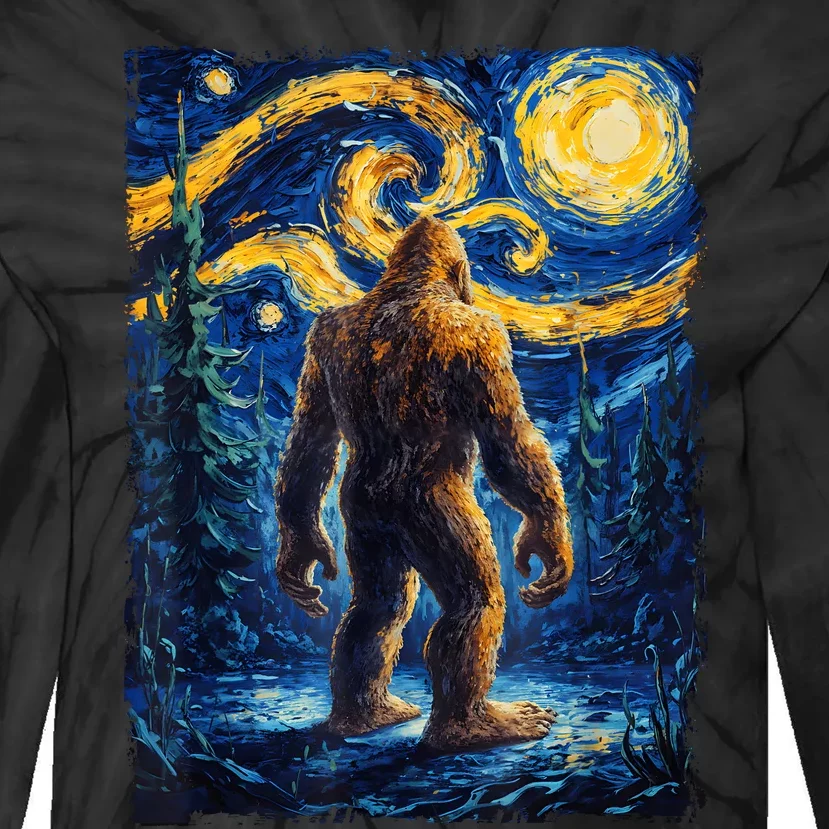 Bigfoot Starry Night Sasquatch Van Gogh Painting Tie-Dye Long Sleeve Shirt