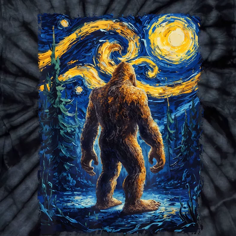 Bigfoot Starry Night Sasquatch Van Gogh Painting Tie-Dye T-Shirt