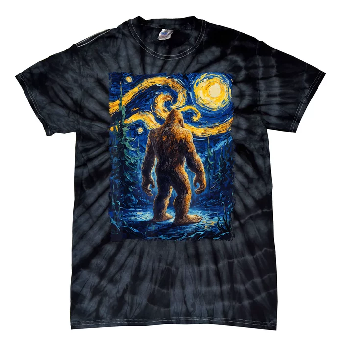 Bigfoot Starry Night Sasquatch Van Gogh Painting Tie-Dye T-Shirt