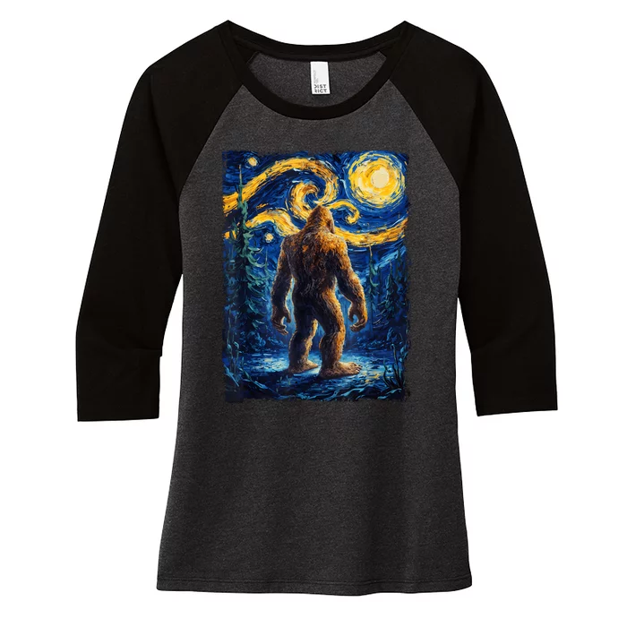 Bigfoot Starry Night Sasquatch Van Gogh Painting Women's Tri-Blend 3/4-Sleeve Raglan Shirt