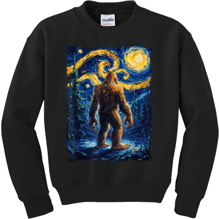 Bigfoot Starry Night Sasquatch Van Gogh Painting Kids Sweatshirt