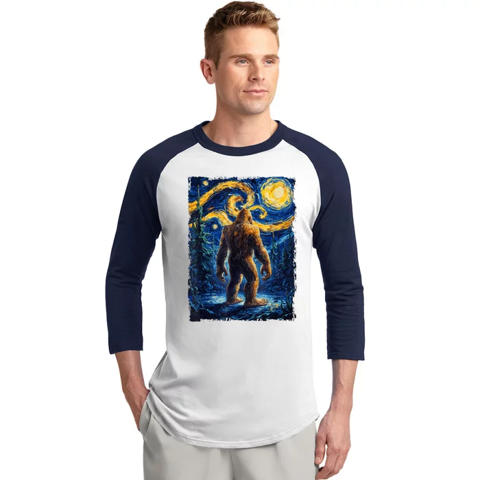 Bigfoot Starry Night Sasquatch Van Gogh Painting Baseball Sleeve Shirt