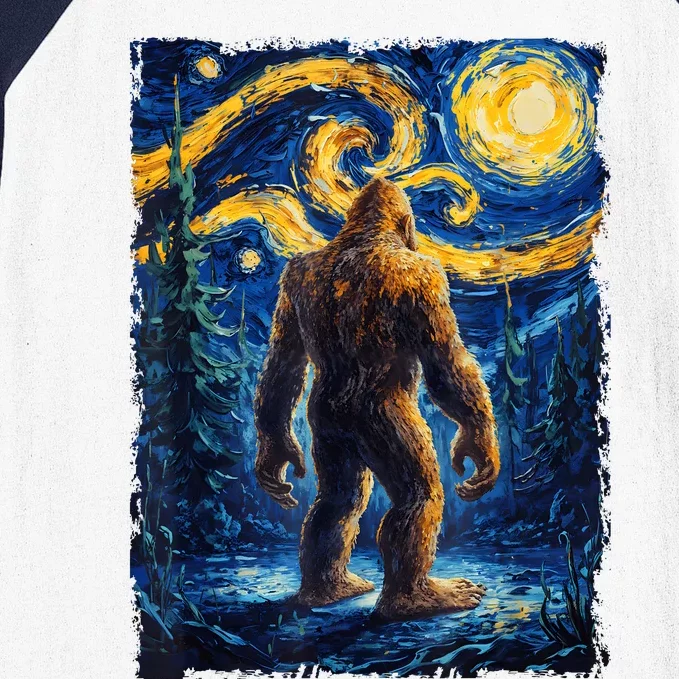 Bigfoot Starry Night Sasquatch Van Gogh Painting Baseball Sleeve Shirt