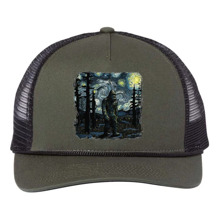 Bigfoot Starry Night Sasquatch Van Gogh Sky Painting Art Retro Rope Trucker Hat Cap