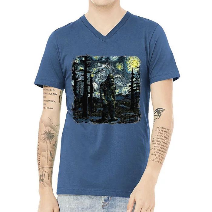 Bigfoot Starry Night Sasquatch Van Gogh Sky Painting Art V-Neck T-Shirt