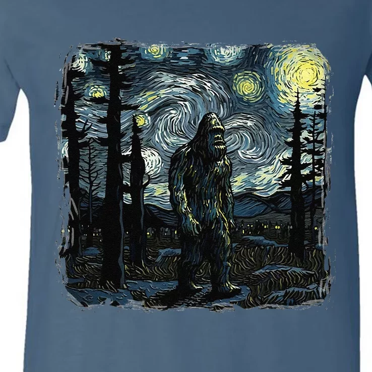 Bigfoot Starry Night Sasquatch Van Gogh Sky Painting Art V-Neck T-Shirt