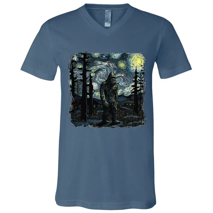 Bigfoot Starry Night Sasquatch Van Gogh Sky Painting Art V-Neck T-Shirt