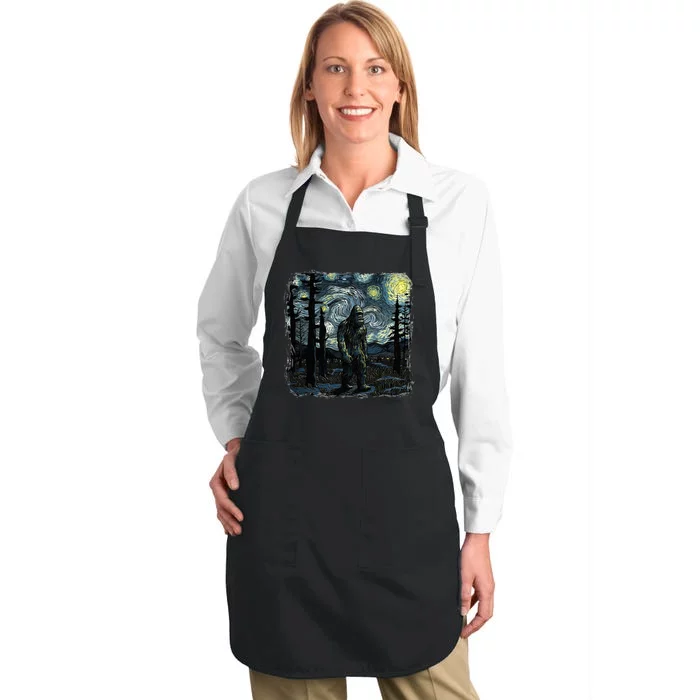 Bigfoot Starry Night Sasquatch Van Gogh Sky Painting Full-Length Apron With Pocket