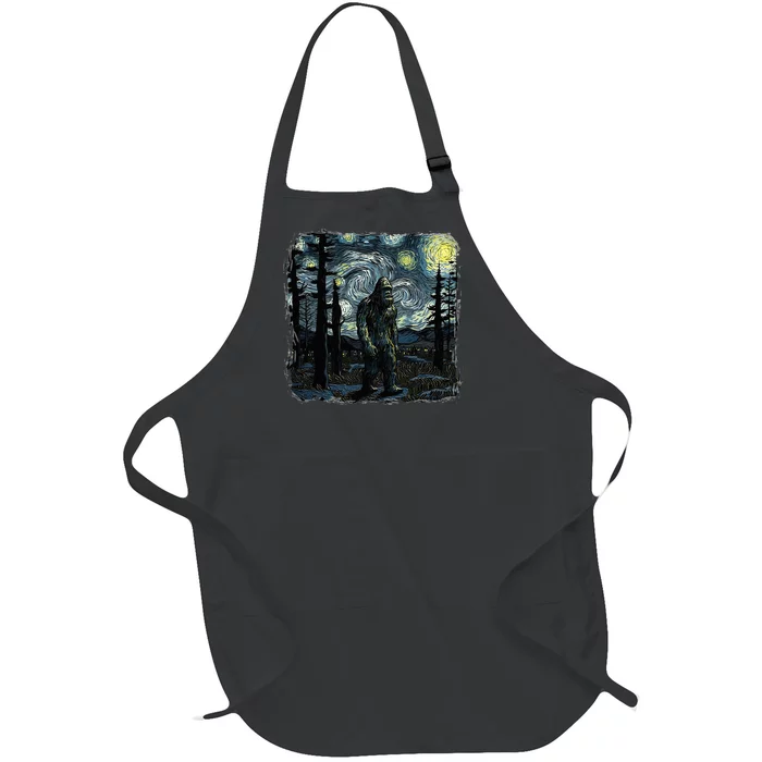 Bigfoot Starry Night Sasquatch Van Gogh Sky Painting Full-Length Apron With Pocket