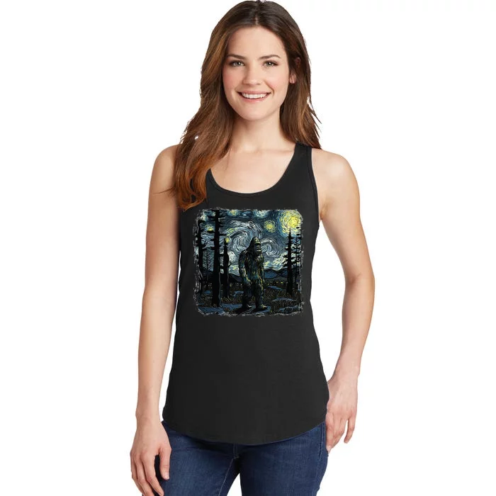 Bigfoot Starry Night Sasquatch Van Gogh Sky Painting Ladies Essential Tank